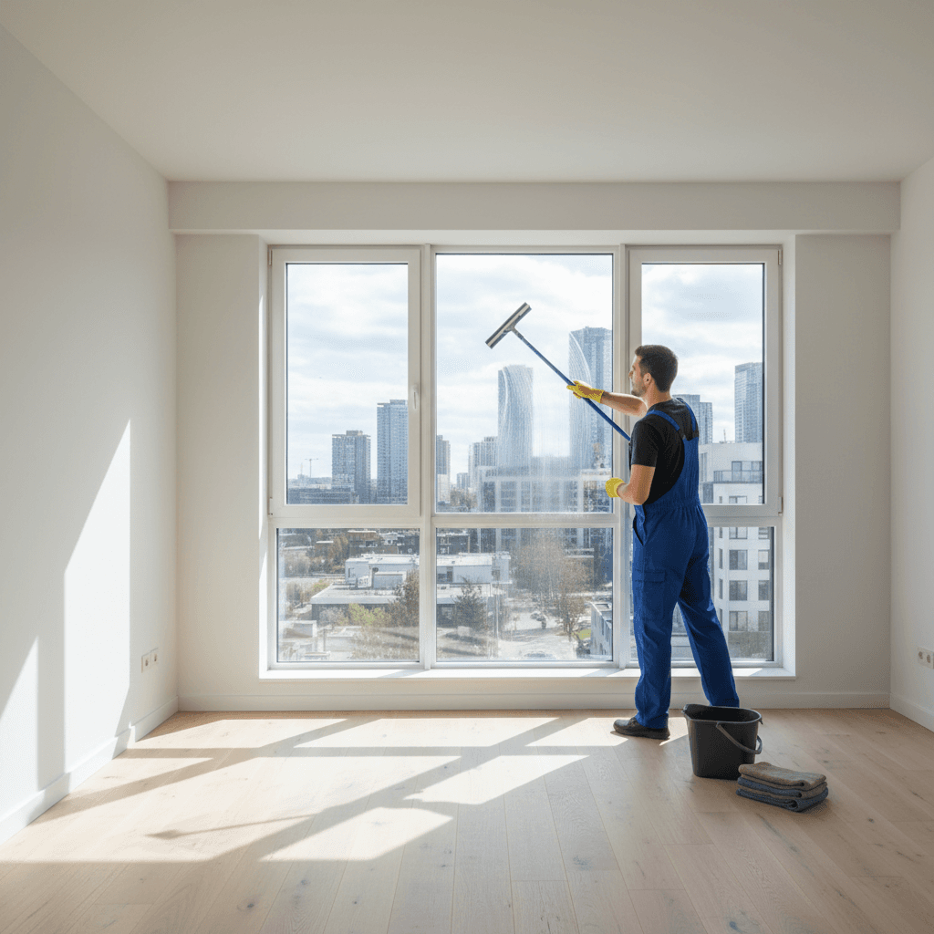 Cleaner preparing an empty home for move-in or move-out inspection