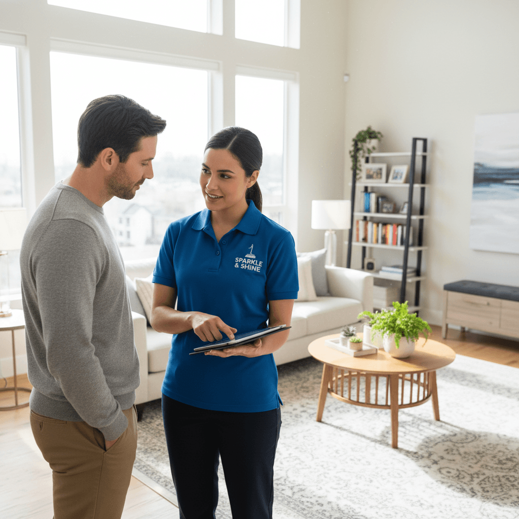 Cleaning professional discussing home cleaning details with a client in a bright living room