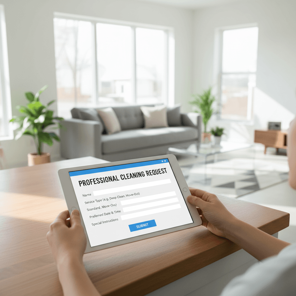 Professional cleaning request form on a tablet in a bright modern home