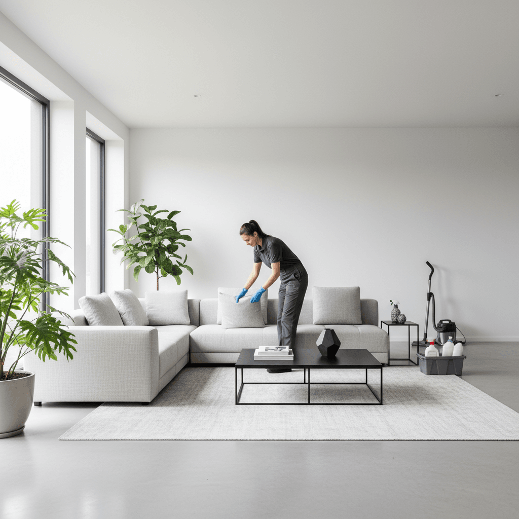 Cleaner tidying a bright, modern living room during a recurring visit