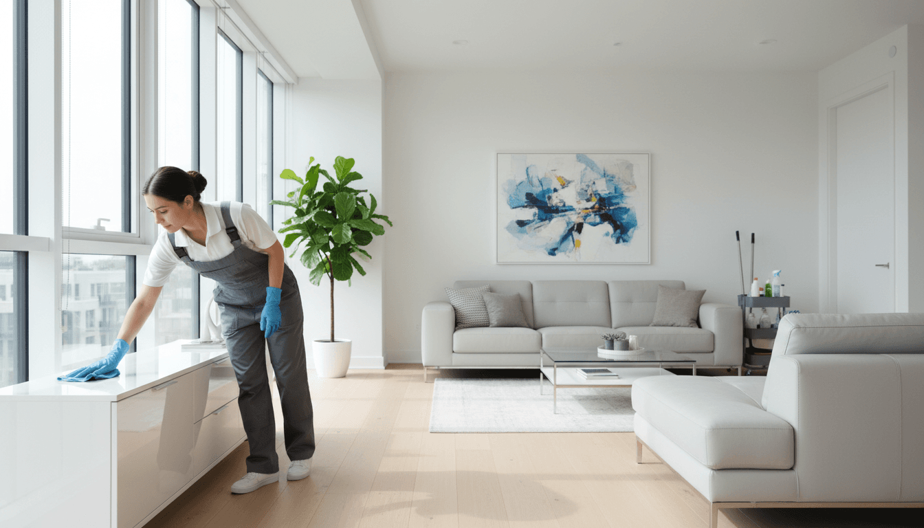Professional cleaner wiping a surface in a bright modern living room