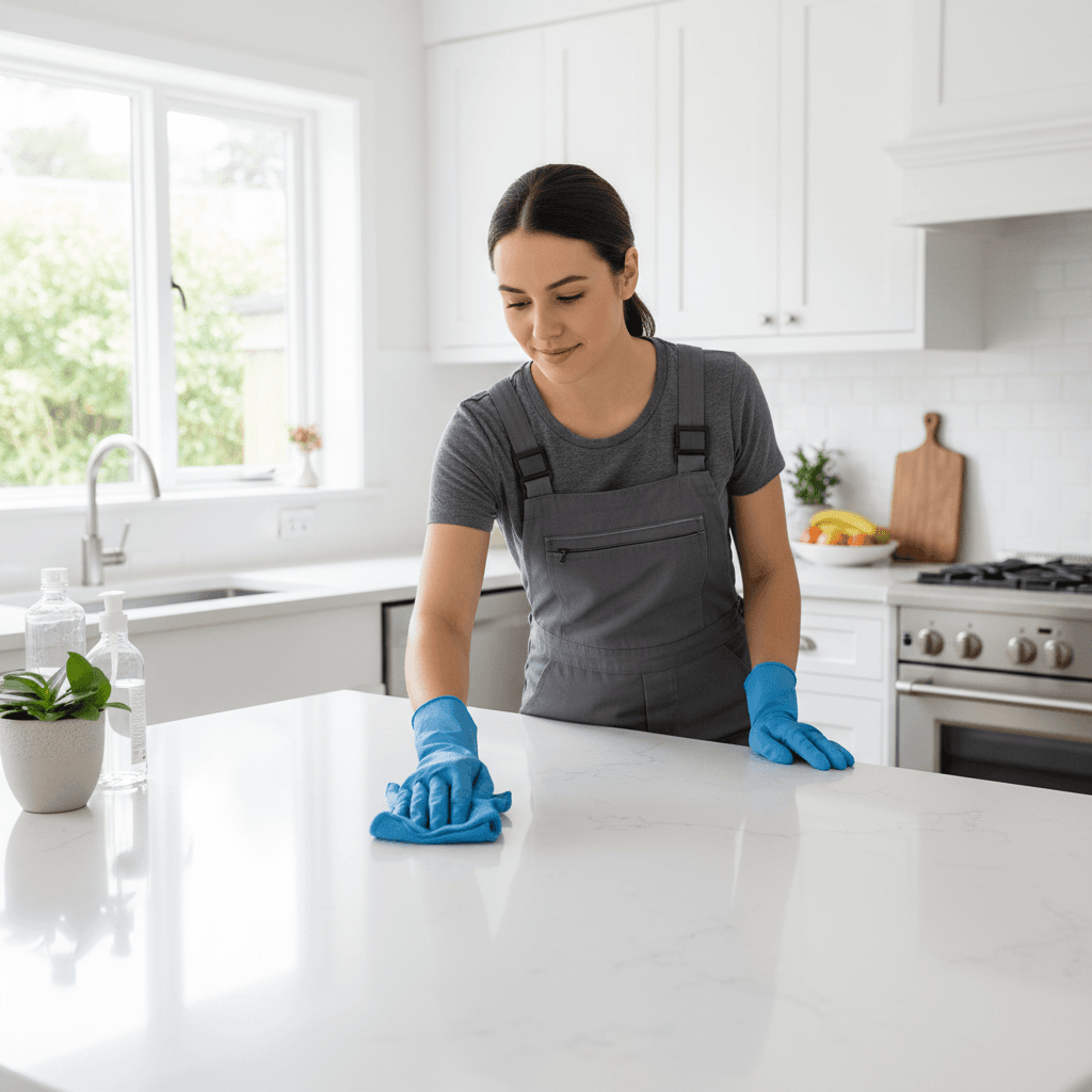 Professional cleaner wiping a kitchen counter with a microfiber cloth in a neat home