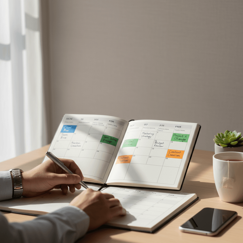Calendar with a pen marking a cleaning appointment on a wooden desk