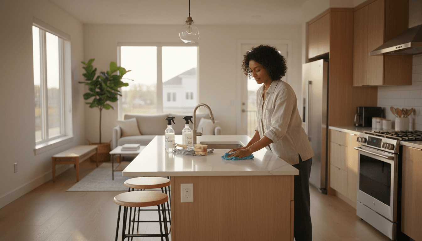Professional cleaner wiping a modern kitchen counter in a bright home