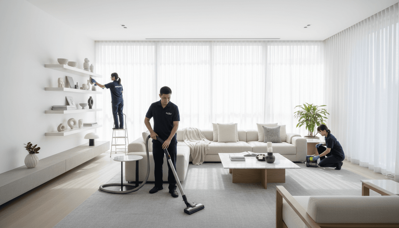 Professional cleaner wiping a kitchen counter in a bright modern home