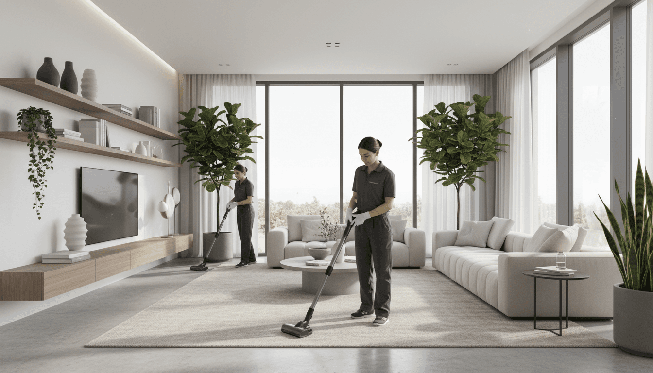 Professional cleaner talking with a homeowner in a bright living room