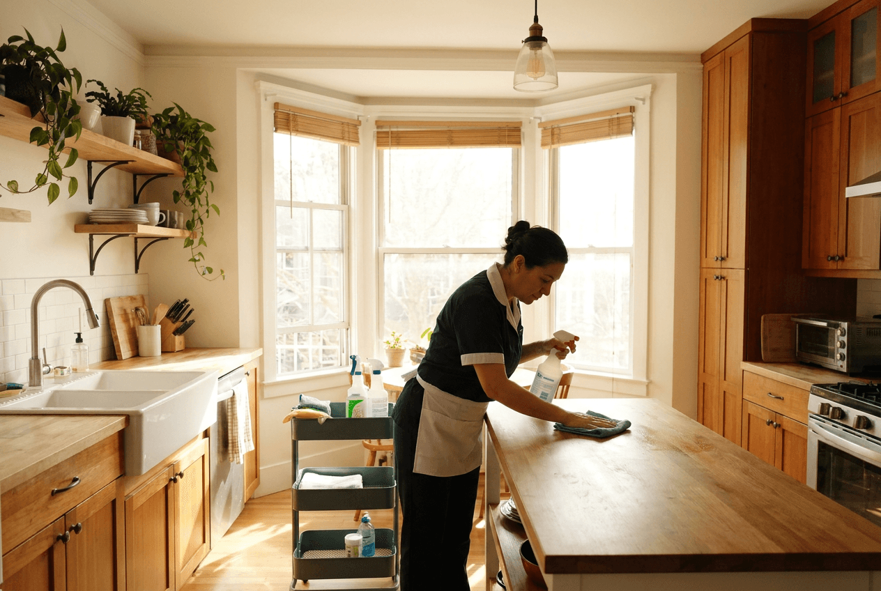 Professional cleaner wiping a kitchen counter with a microfiber cloth